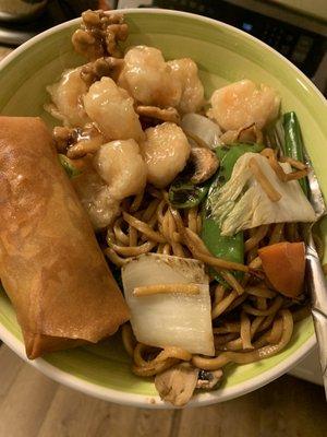 Egg roll, chow main and romantic prawns