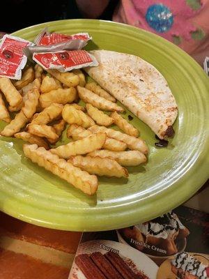 Cheese quesadilla and fries