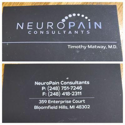 Business card of Neuro Pain Specialist Dr. Timothy Matway.  10/30/2024