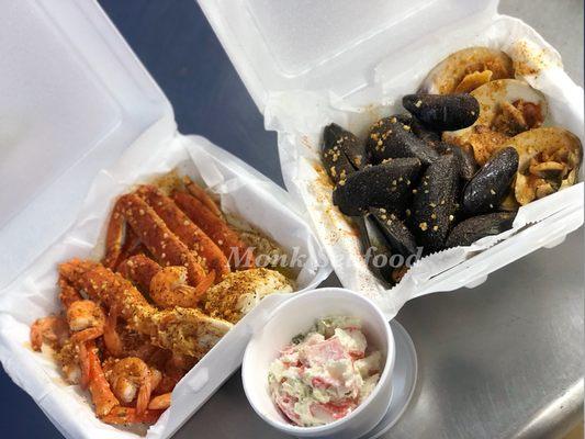 #1 Combo. 1 Alaskan cluster, 1 King crab cluster, 12 medium shrimp, 12 st. mussels, 3 st.  clams and 1/4 lb seafood salad. $20.99 + Tax