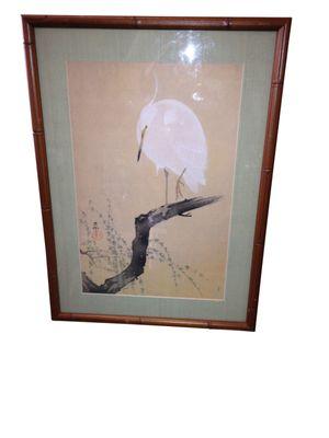 Beautiful original watercolor White Crane on Branch with Blossoms.