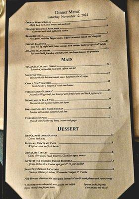 The current menu as of November 12th