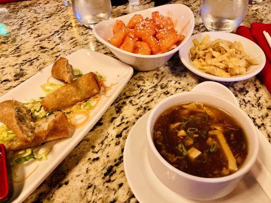 Hot sour soup, egg rolls, bang bang shrimp