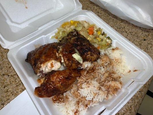 Jerk Chicken with white rice and cabbage