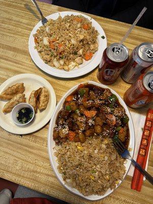 sesame chicken, upgrade to fried rice potstickers and chicken fried rice