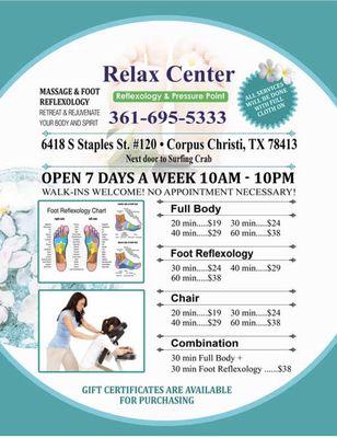 Relax Center  Grand Opening

$38 /Hr (Full Body & Reflexology )

6418 S Staples St，#120
Corpus Christi, TX  78413
(Next to Surfing Crab)