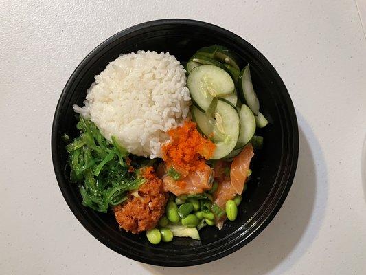 Small bowl with white rice, spicy tuna, & salmon