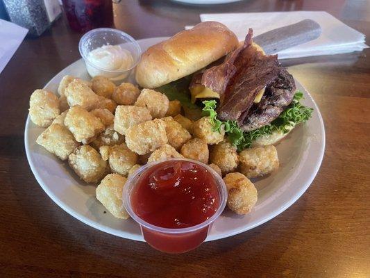 The All - American Cheeseburger add bacon with Tater Tots