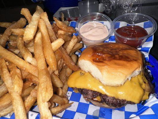 Single smash burgers with a side of fries