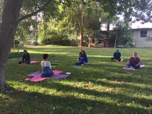 A group doing yoga and meditation outside.