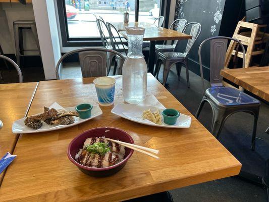 Pork bowl, Gyoza 3pcs (BOGO) and Salmon Chips (4oz)