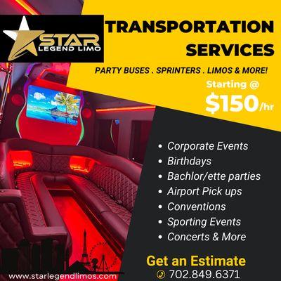 All your Las Vegas Transportation needs! Starting at 150 an hour! Accommodating up to 50 passengers