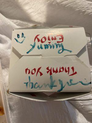 She wrote yummy and thank you on the container.