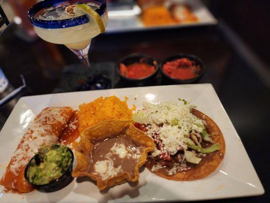 Beef tostada, chicken burrito and house margarita!