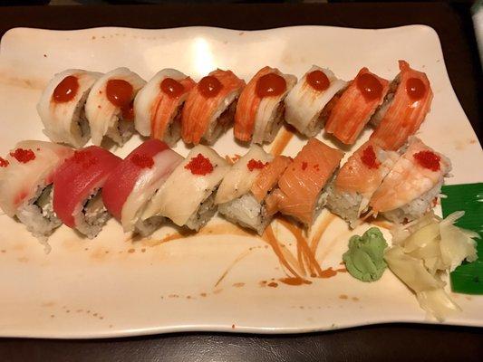 Chili roll (top) and Rainbow roll (bottom)