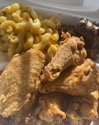 Chicken wings, macaroni and cheese, yams, cornbread!