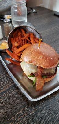 Maple Bourbon Burger with Sweet Potato Fries