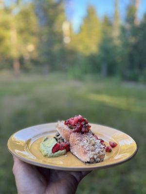 Tortilla Crusted Salmon with Strawberry Salsa & Avocado Hollandaise