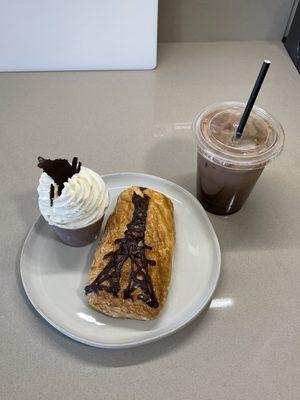 Chocolate Croissant, Mousse Cup, Iced Oatmilk Mocha.