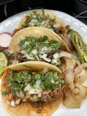 Pork, beef and birria tacos! Mmm