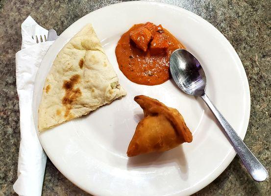 Plain Naan, A bit of Tikka Masala, and a Samosa. Yum!