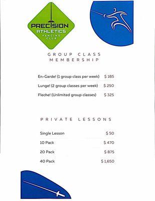 Group Class Membership & Private Lessons Menu (October 2024)