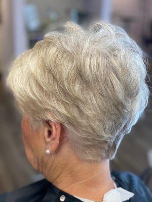 Beautiful short cut with highlights and lowlights on white hair by Lisa.