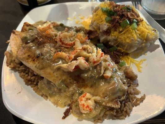 Redfish Pontchartrain w/ loaded mashed potatoes.