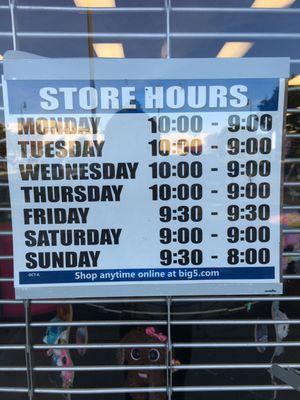 Store hours as of October 7, 2016