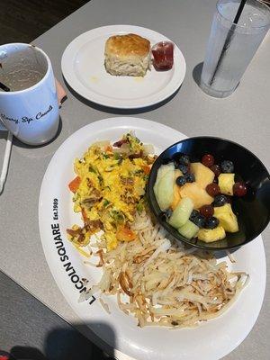 Biscuit, Veggie Lovers Omelet, bowl of fruit