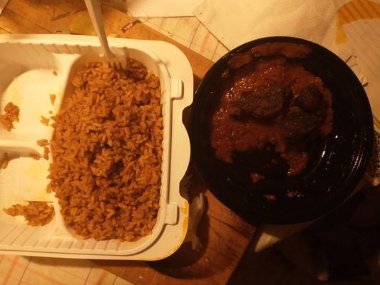 Rice and three pieces of dried and tough beef in a little bit of sauce.  This is beef stew?