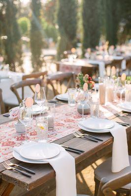 Vineyard X-Back Chair, Pueblo Table, Hampton Flatware, Heirloom Plates, Cottoneze Napkins, Specialty Runner.