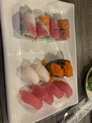 Tuna squid rainbow roll and masago