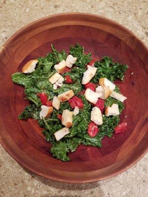 Kale Caesar style salad with marinated tomatoes, brioche croutons & excellent dressing - just toss at home