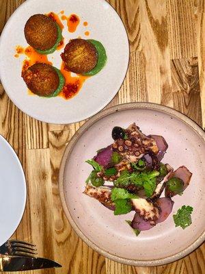 english pea arancini and grilled octopus