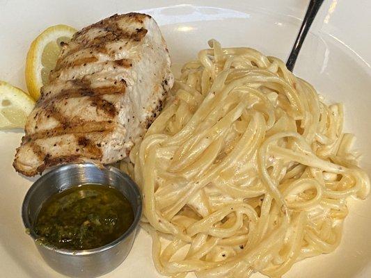 Mahi Mahi with a side of linguini in Alfredo sauce (so good next day and ordered Caesar salad and a side of the linguini with Alfredo)