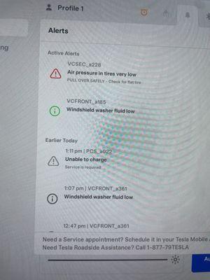 These are the alerts for the low air in the tire, and no windshield liquid was empty