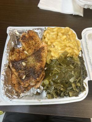 Salmon, collard greens and Mac n cheese