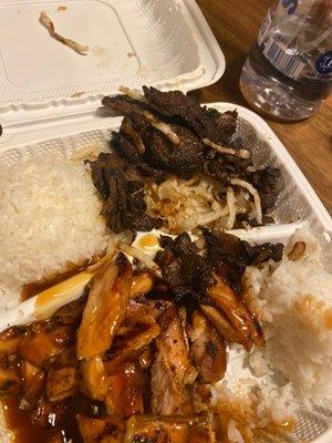 Mongolian Beef and teriyaki chicken. Burnt and small serving! What is that underneath the beef?