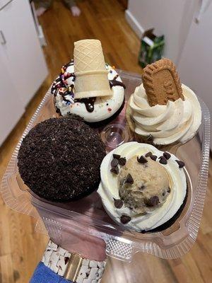 Chocolate Sundae, Biscoff Cookie Butter, Cookie Dough and Cookies & Cream cupcake