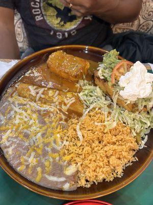 Large combo enchilada, chili rellano and flauta plate