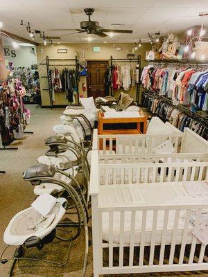 We have a rotating inventory of cribs, jumperoos, swings, pack n plays, bouncy seats, exersaucers, etc.