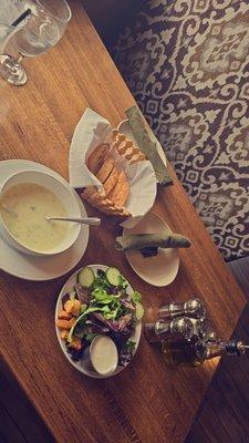 Cream of Asparagus soup, House Salad, and house made bread!