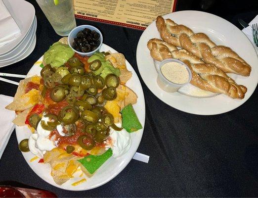 Vegetarian Nacho Platter; Baked Pretzels appetizers