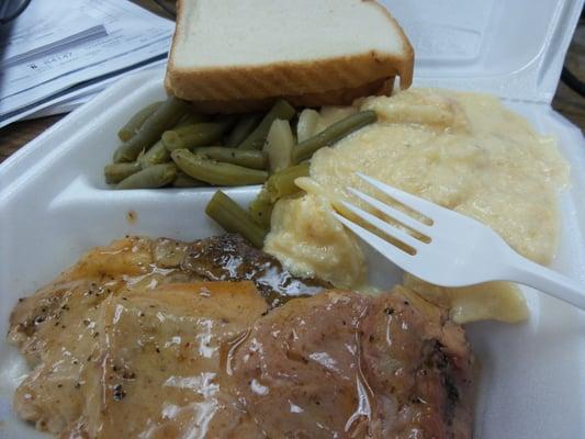 Pork chops cheesy potatoes green beans