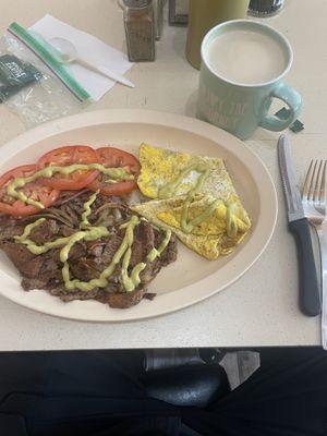 Steak eggs and salad