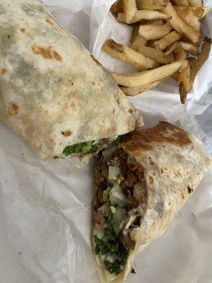 Angry chicken wrap with fries