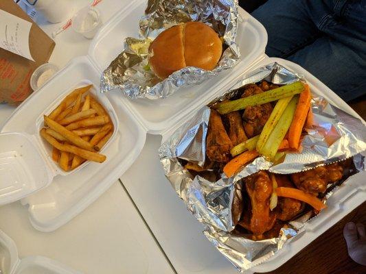 Fries cheese burger and season wings and honey hot.