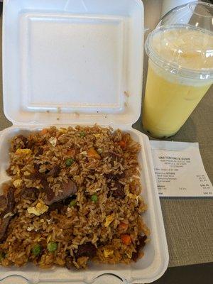 Beef fried rice and mango boba.