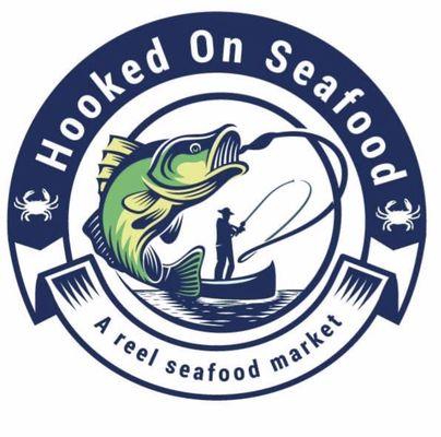 Hooked on seafood logo of a man standing on a boat catching a fish